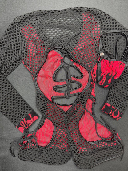 Red Glitter Mesh Flame Black Fishnet One-Piece Romper Lingerie Outfit