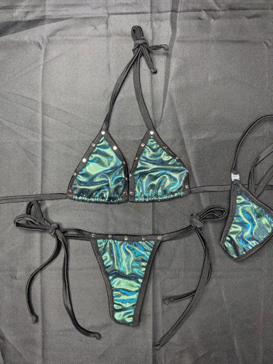 Metallic Kelly Green Spandex Two-Piece Side-Tie Bikini Lingerie Outfit