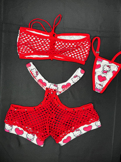 Red/White Heart Kitty Two-Piece Lingerie Outfit