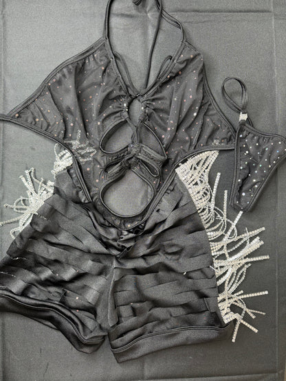 Black/Silver Sparkle Mesh One-Piece Stripper Outfit