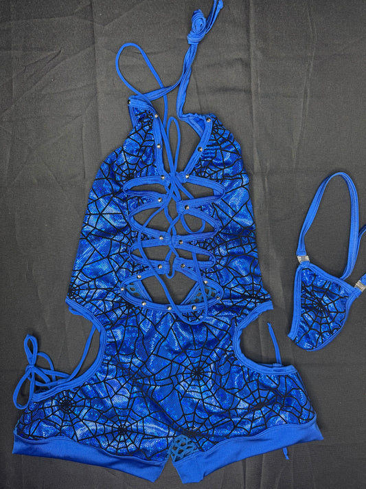 Royal Blue Spandex Spider Web One-Piece Romper Lingerie Outfit