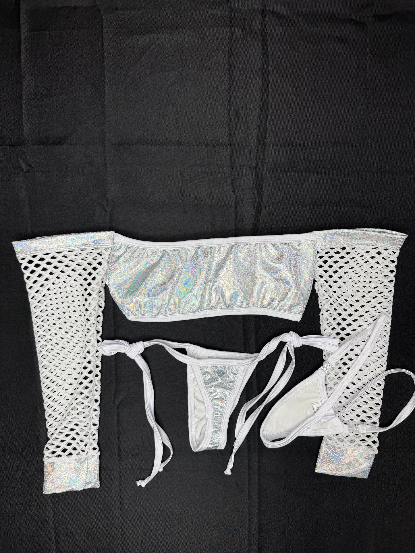Holographic White Snake Skin/White Spandex Two-Piece Lingerie Outfit