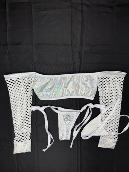 Holographic White Snake Skin/White Spandex Two-Piece Lingerie Outfit