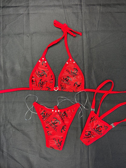 Red Designer Spandex Two-Piece Bikini Lingerie Outfit