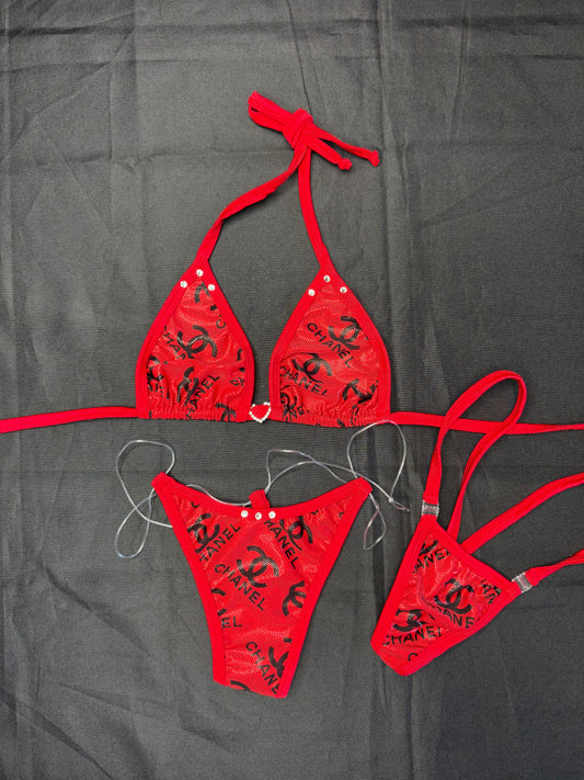 Red Designer Spandex Two-Piece Bikini Lingerie Outfit
