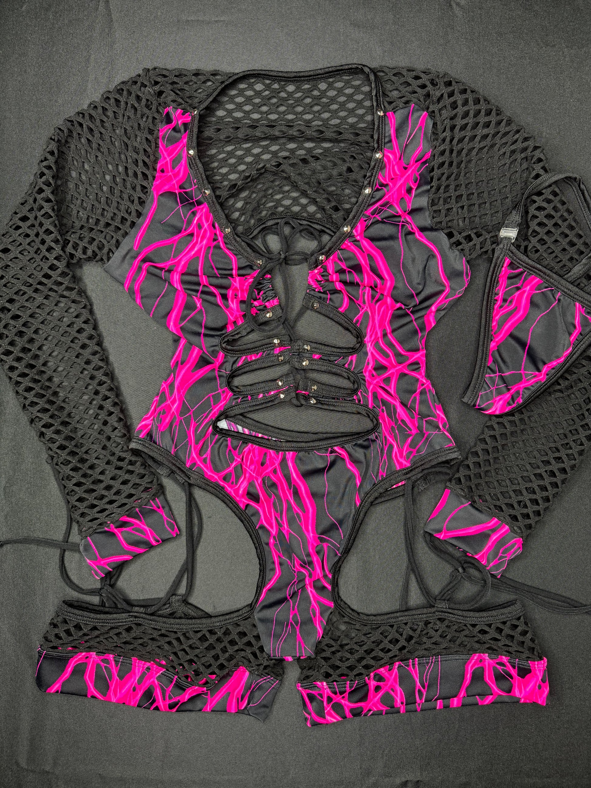 Hot Pink Thunder/Black Fishnet One-Piece Lingerie Outfit – Lingeriebydylan