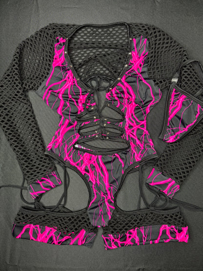 Hot Pink Thunder/Black Fishnet One-Piece Lingerie Outfit