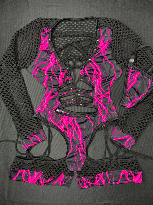 Hot Pink Thunder/Black Fishnet One-Piece Lingerie Outfit