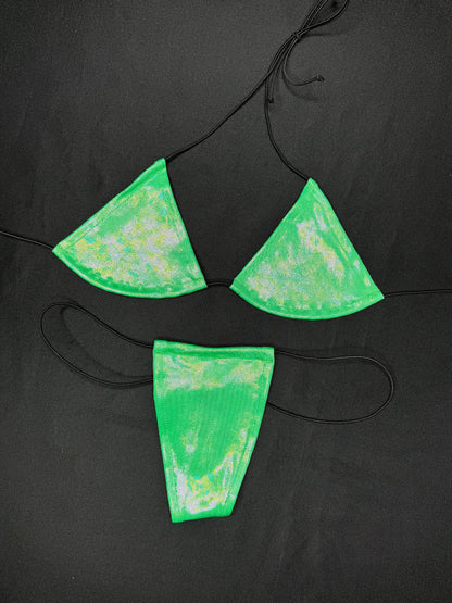 Mystic Green Reflective Two-Piece Micro Bikini Lingerie Outfit