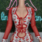 Heart Kitty Print/Red Fishnet Spandex One-Piece Romper Lingerie Outfit