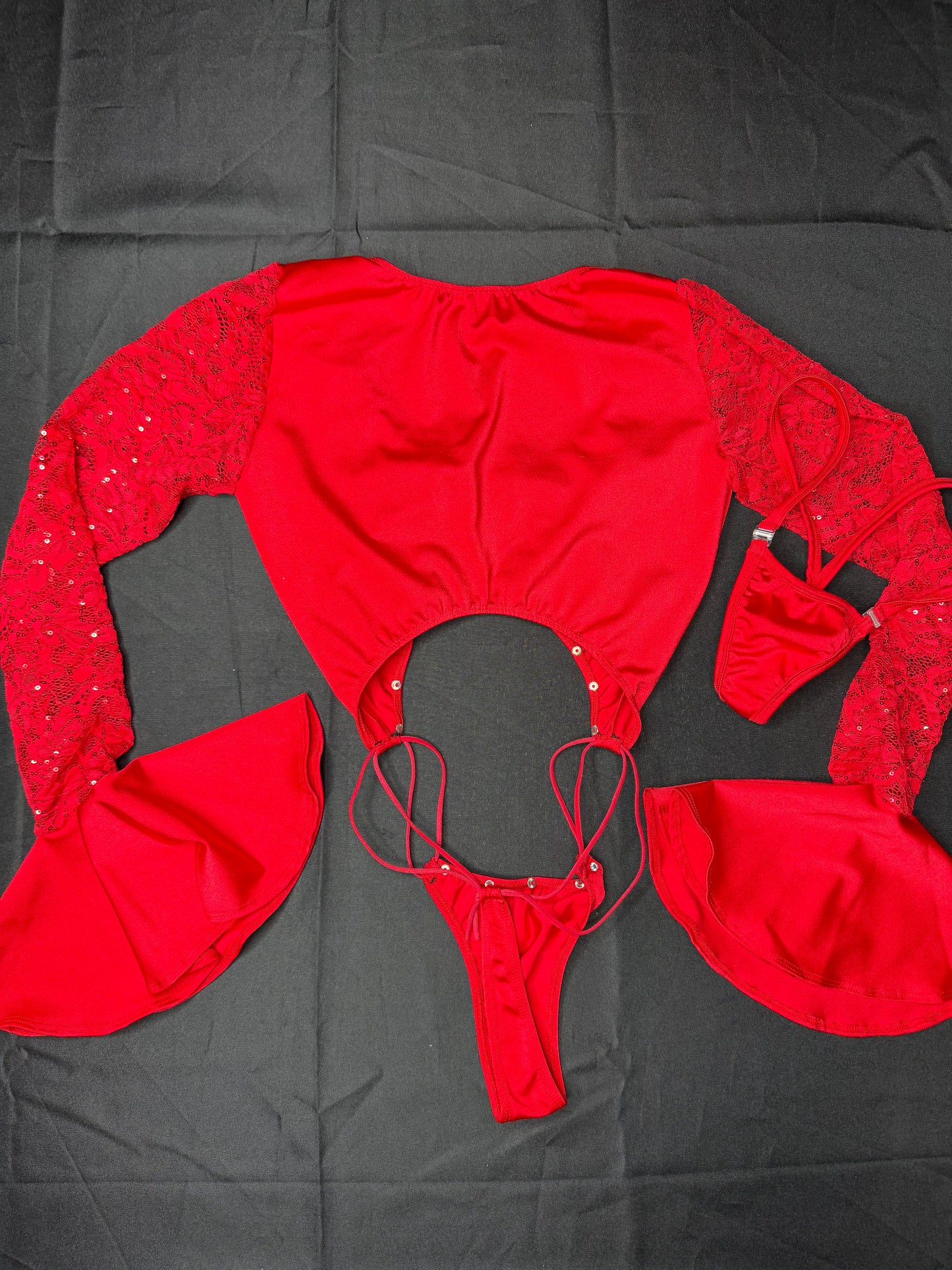 Red Spandex/Lace One-Piece Sling-Shot Long Sleeve Fringe Cuff One-Piece Lingerie Outfit