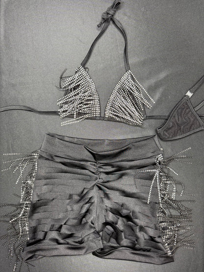 Black Spandex/Mesh Fringe Ripped Back Shorts Two-Piece Lingerie Outfit