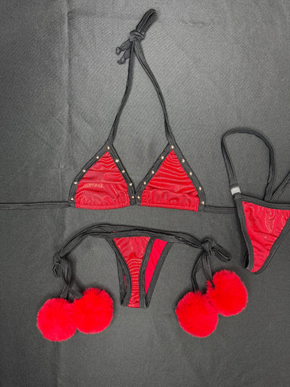 Red/Black Spandex Red Fur Two-Piece Bikini Lingerie Outfit