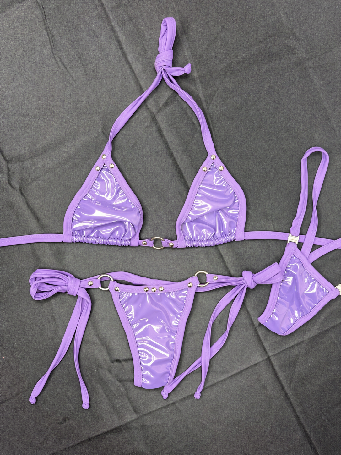 Shiny Lavender Vinyl/Lilac Spandex Bikini Top/Side-Tie Bikini Lingerie Outfit