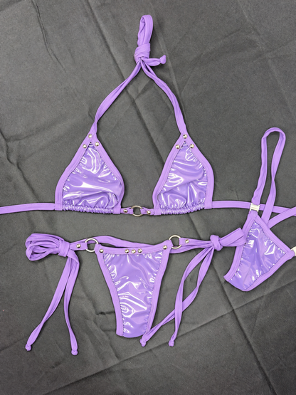 Shiny Lavender Vinyl/Lilac Spandex Bikini Top/Side-Tie Bikini Lingerie Outfit