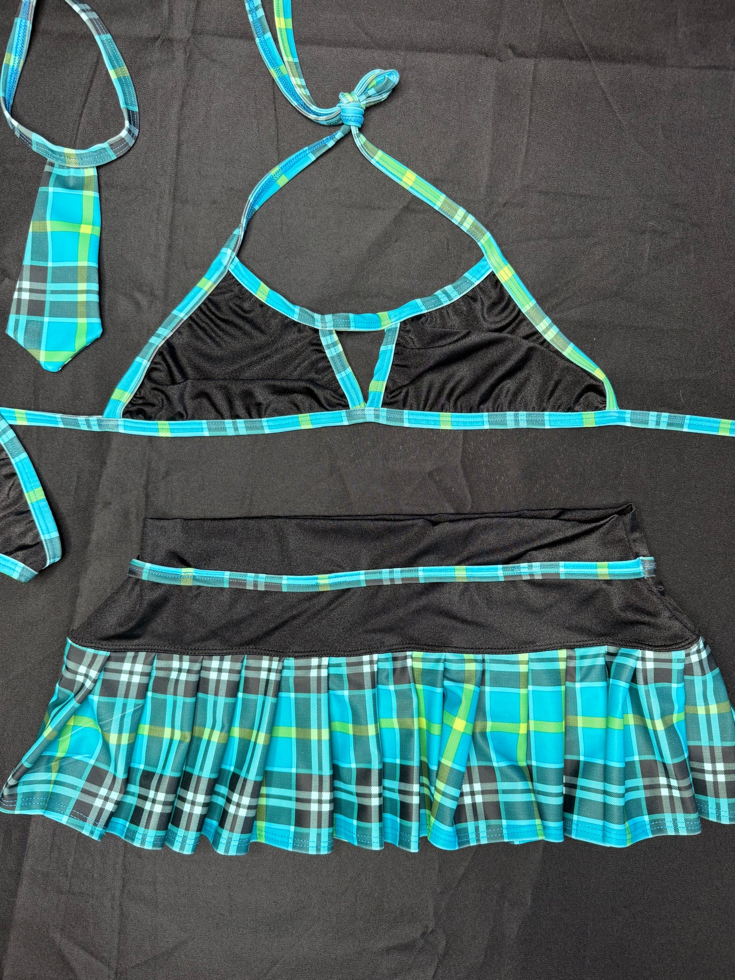 Black/Teal Plaid Bikini Top/Skirt School Girl Outfit
