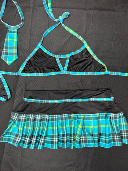 Black/Teal Plaid Bikini Top/Skirt School Girl Outfit