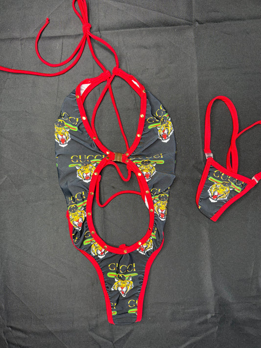 Designer/Red Spandex One-Piece Lingerie Outfit
