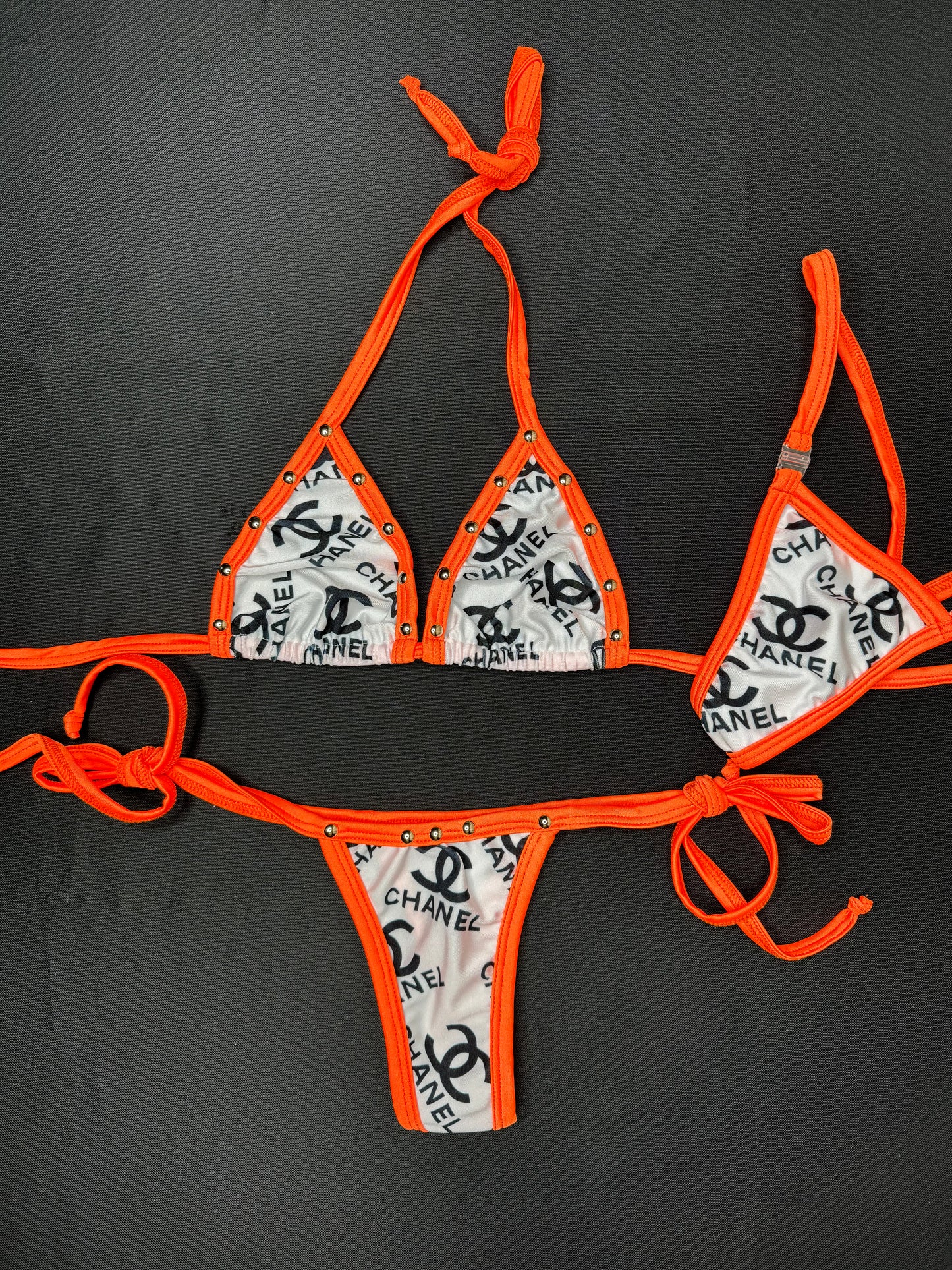 Orange/White Designer Two-Piece Side-Tie Bikini Lingerie Outfit