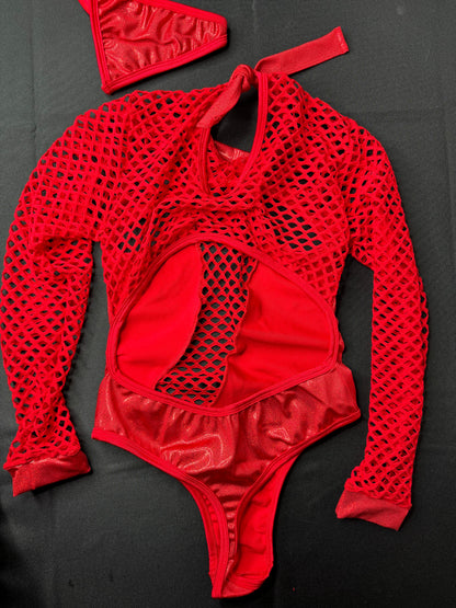 Red Fishnet/Spandex One-Piece Exotic Dancer Outfit