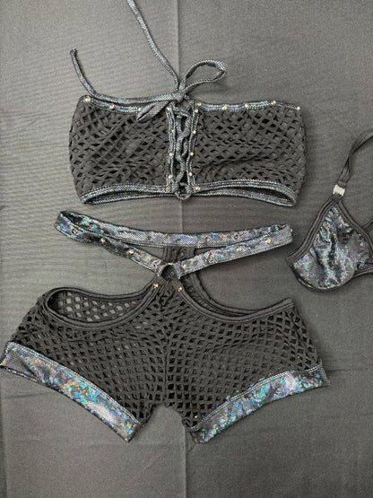 Two-Piece Black Fishnet Tube Top/Shorts Lingerie Outfit