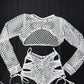 Silver Spandex/White Fishnet Three-Piece Lingerie Outfit