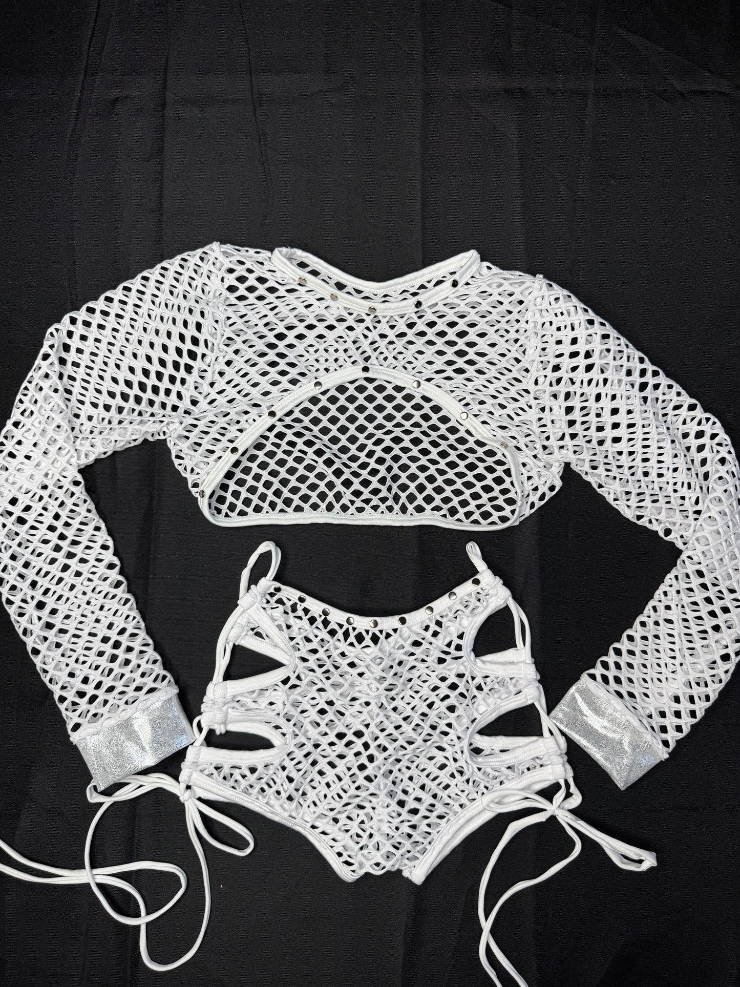 Silver Spandex/White Fishnet Three-Piece Lingerie Outfit