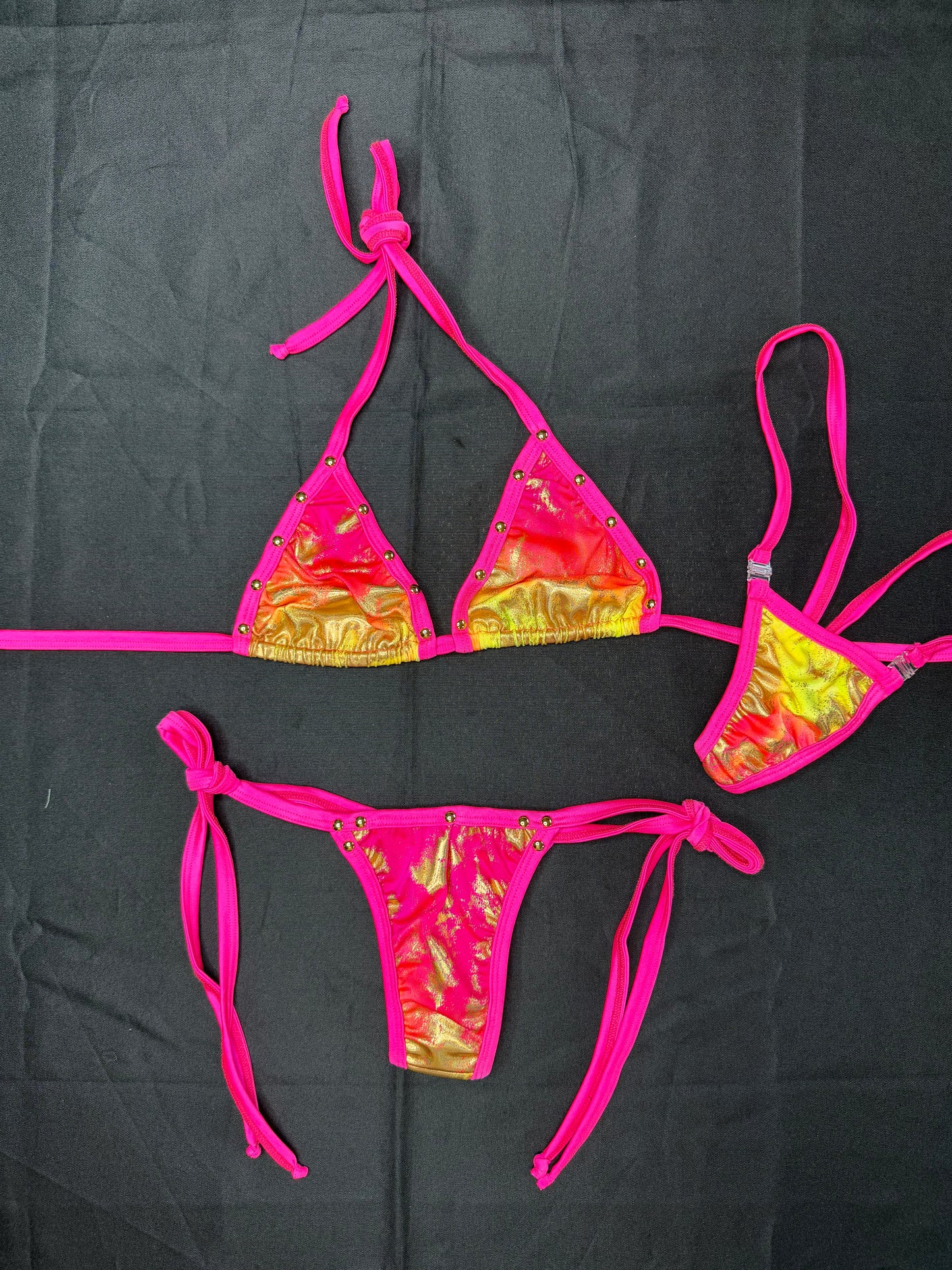 Red/Hot Pink/Yellow Spandex Two-Piece Bikini Lingerie Outfit
