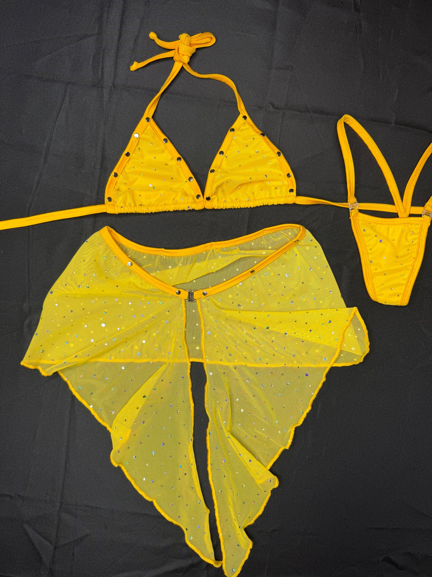 Yellow Mesh Bikini Top/Skirt Two-Piece Lingerie Outfit