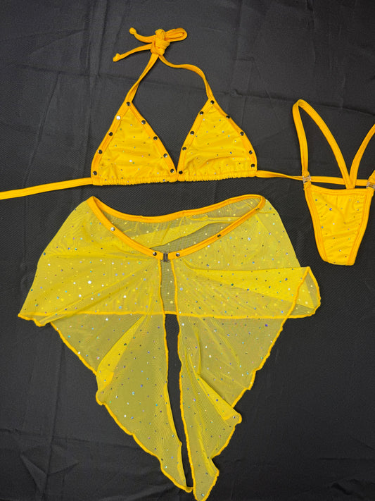 Yellow Mesh Bikini Top/Skirt Two-Piece Lingerie Outfit