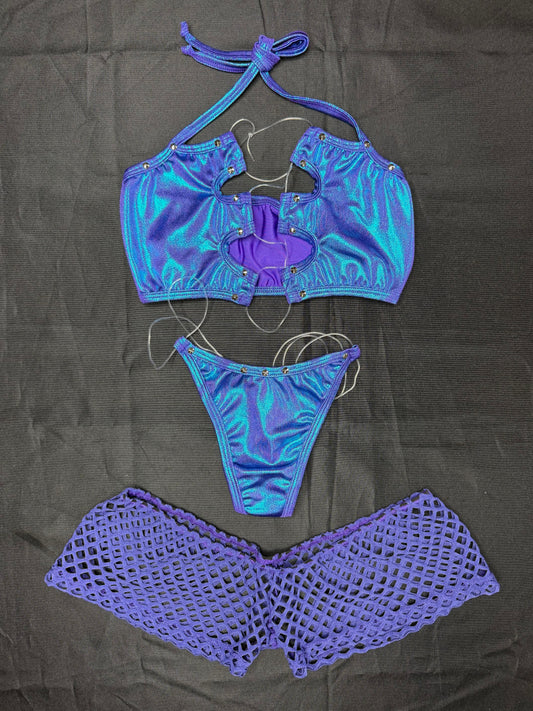 Matrix Purple/Purple Spandex Sports Bra/Shorts Three-Piece Lingerie Outfit