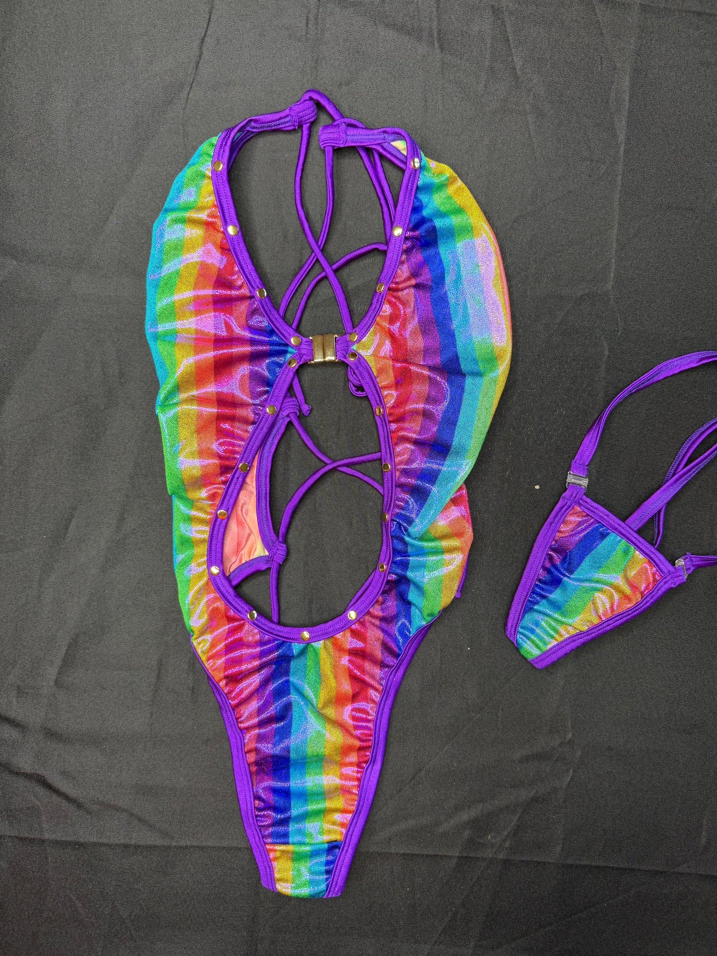 Metallic Rainbow/Purple Spandex One-Piece Lingerie Outfit