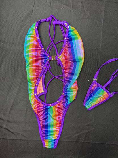 Metallic Rainbow/Purple Spandex One-Piece Lingerie Outfit