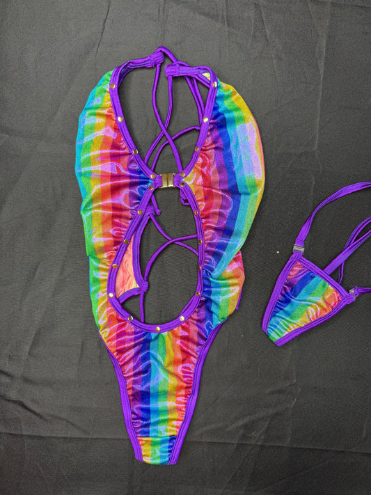 Metallic Rainbow/Purple Spandex One-Piece Lingerie Outfit
