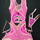 Hot Pink Metallic Spandex/Baby Pink Fishnet Romper Lingerie Outfit