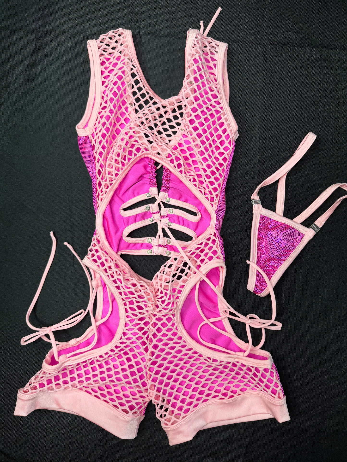 Hot Pink Metallic Spandex/Baby Pink Fishnet Romper Lingerie Outfit