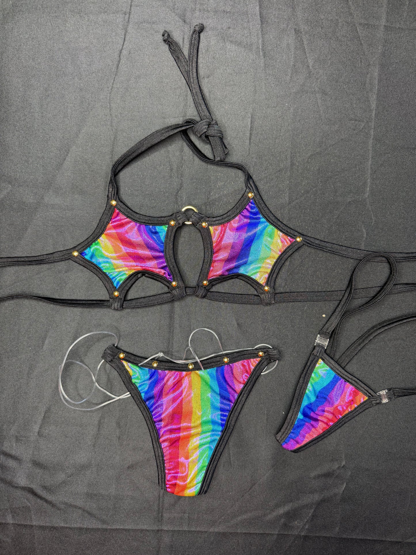 Rainbow Spandex/Black Two-Piece Bikini Lingerie Outfit