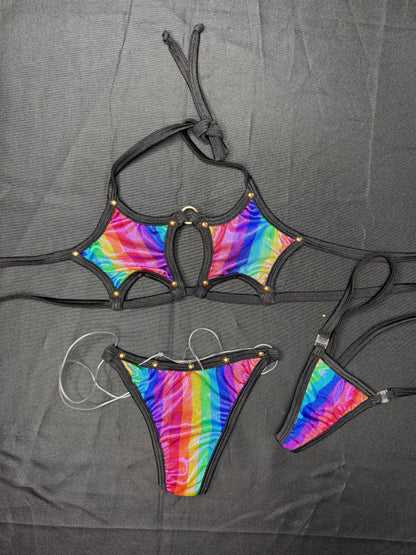 Rainbow Spandex/Black Two-Piece Bikini Lingerie Outfit