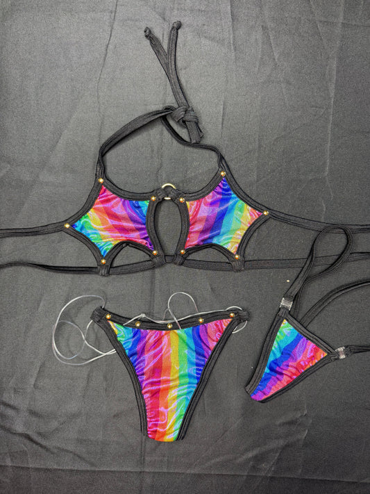 Rainbow Spandex/Black Two-Piece Bikini Lingerie Outfit
