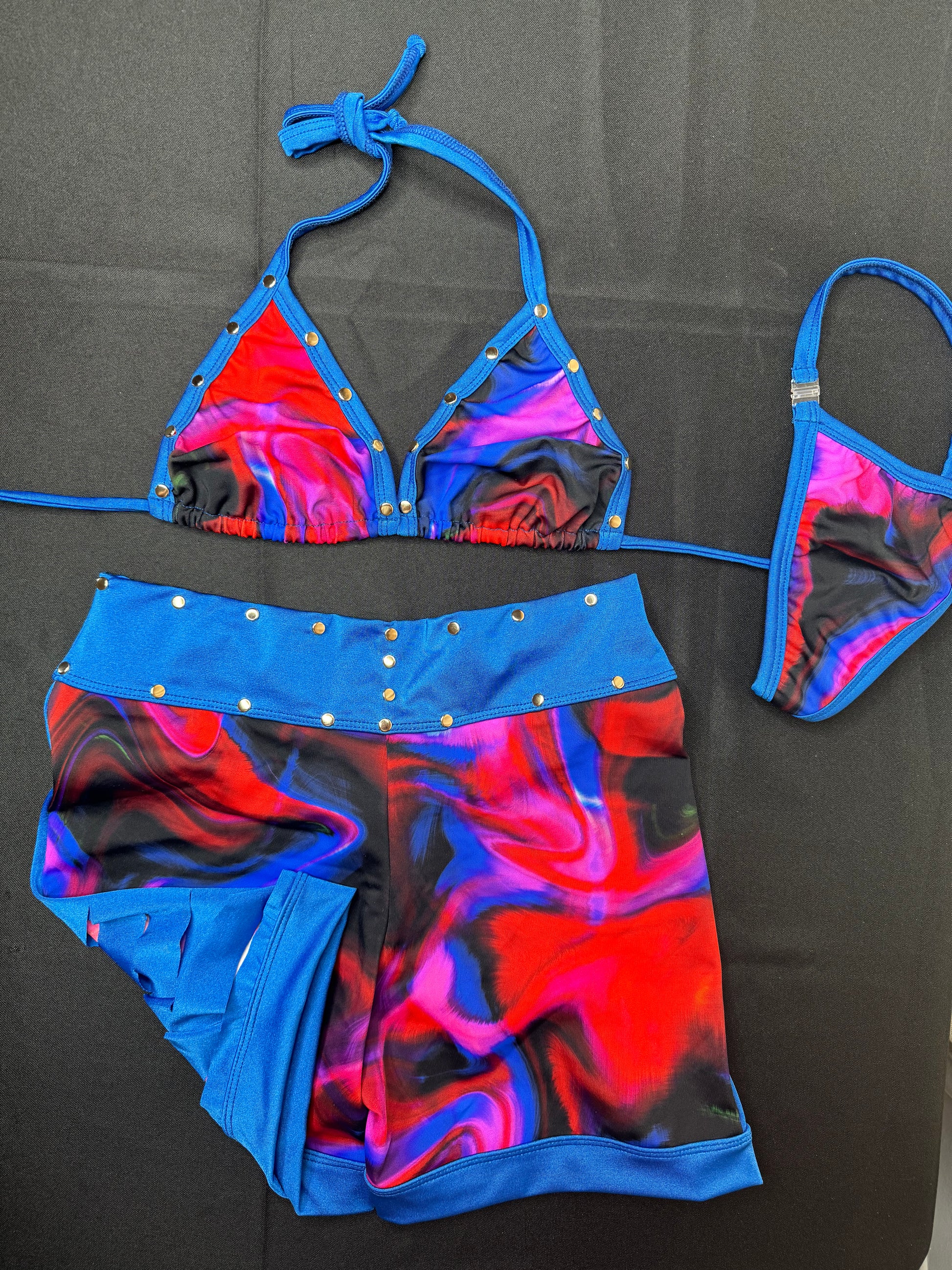Red/Black & Blue Wave Two-Piece Ripped Shorts Two-Piece Exotic Dancer Outfit