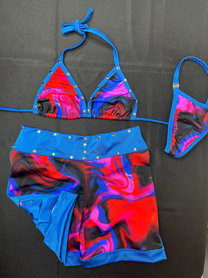 Red/Black & Blue Wave Two-Piece Ripped Shorts Two-Piece Exotic Dancer Outfit