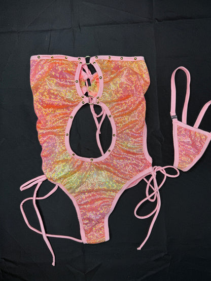 Sparkle Pink Holographic One-Piece Lingerie Outfit