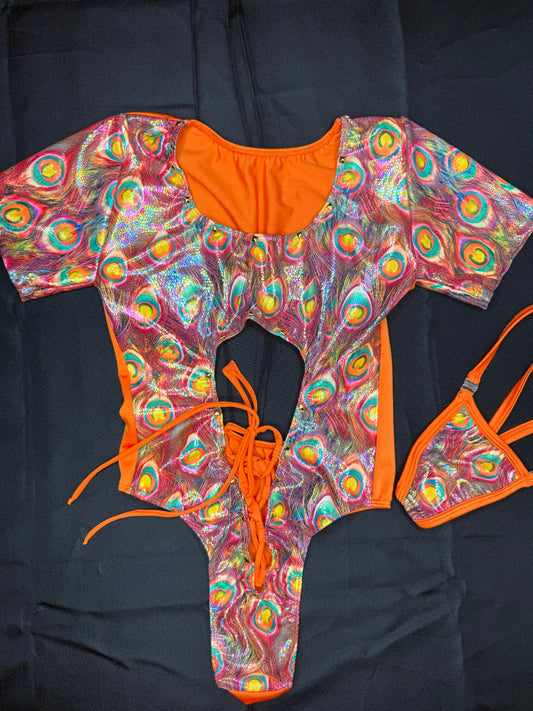 Peacock Animal Print/Orange Spandex Short Sleeve Leotard Lingerie Outfit