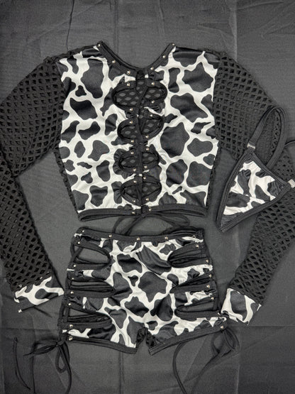 Black/White Cow Print Spandex Fishnet Long Sleeve/Shorts Two-Piece Lingerie Outfit