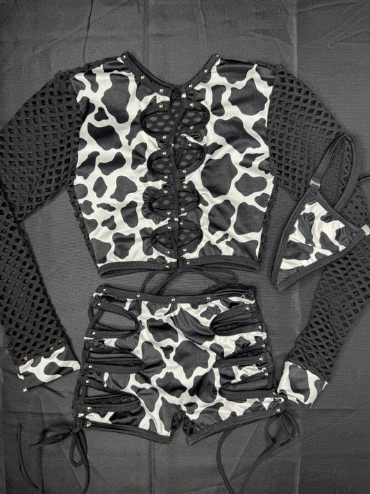 Black/White Cow Print Spandex Fishnet Long Sleeve/Shorts Two-Piece Lingerie Outfit