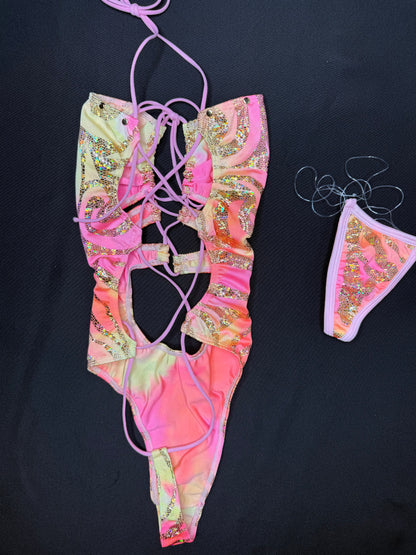 Pink/Yellow Spandex One-Piece Lingerie Outfit