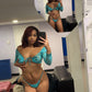 Metallic Mint/Mint Flower Pattern Lace Two-Piece Exotic Dancer Outfit