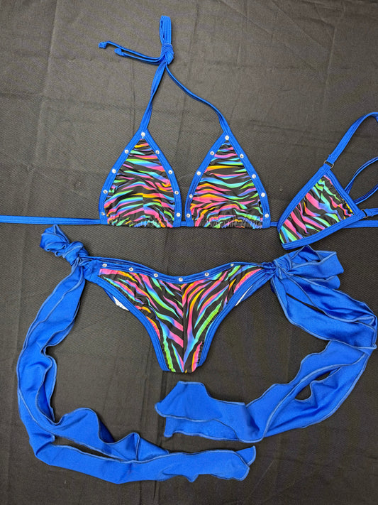 Royal Blue/Multi Color Stripes Two-Piece Bikini Lingerie Outfit