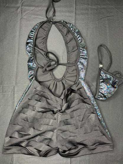 Metallic Black One-Piece Ripped Back Exotic Dancer Outfit