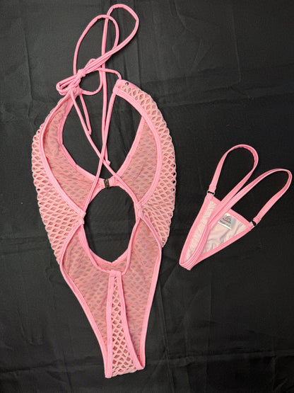 Baby Pink Fishnet Spandex One-Piece Lingerie Outfit